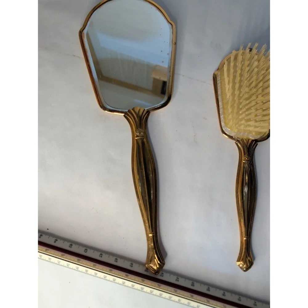 Vintage Matson Style Gold Tone Mirror and Brush Set